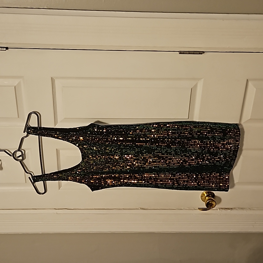 Topshop Black, Gold & Blue Sequined Bodycon Dress 8